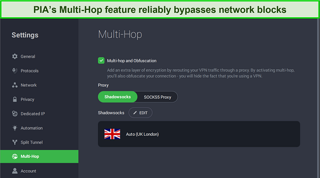 PIA's settings menu for its Multi-Hop feature including support for both Shadowsocks and SOCKS5 Proxy.