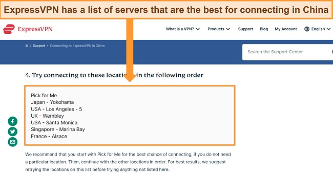 Screenshot of ExpressVPN's help website showing a list of the servers recommended for making a connection in China.
