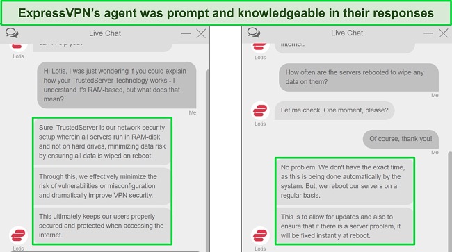 Screenshots of ExpressVPN's live chat, showing detailed responses to questions of a technical nature about TrustedServer Technology.