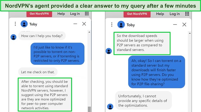 Screenshots of NordVPN's live chat agent answering a question about P2P file-sharing on standard servers.