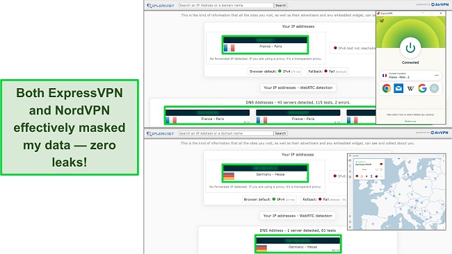 Screenshots of IPleak tests for NordVPN and ExpressVPN connected to German and French servers, showing that both connections had no data leaks.