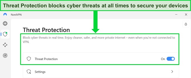 Screenshot of NordVPN's Windows app showing the Threat Protection feature is always on.