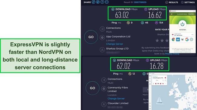 Screenshots of ExpressVPN and NordVPN connected to UK servers, with the results of Ookla speed tests showing ExpressVPN is slightly faster.