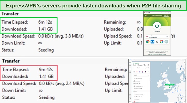 Screenshots of BitTorrent torrent client showing the download times for 2 torrents, with ExpressVPN and NordVPN connected to UK servers.