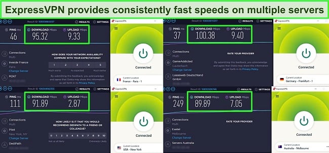 Screenshots of Ookla speed test results with ExpressVPN connected to servers in France, Germany, the US, and Australia.
