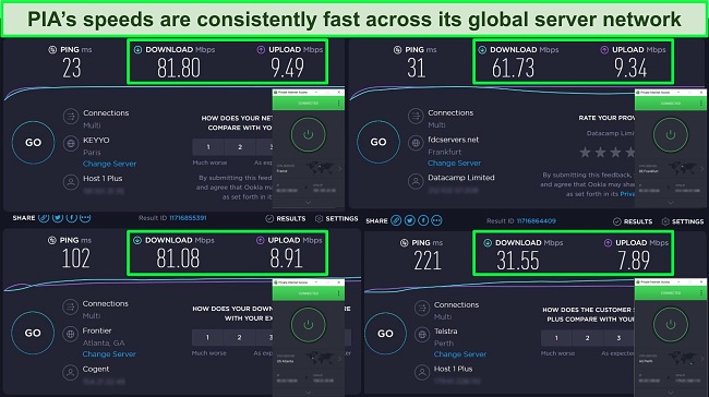 Screenshots of PIA connected to servers in France, Germany, the US, and Australia, with speed test results also shown.