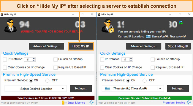 Screenshot of the advanced settings page for Hide My IP