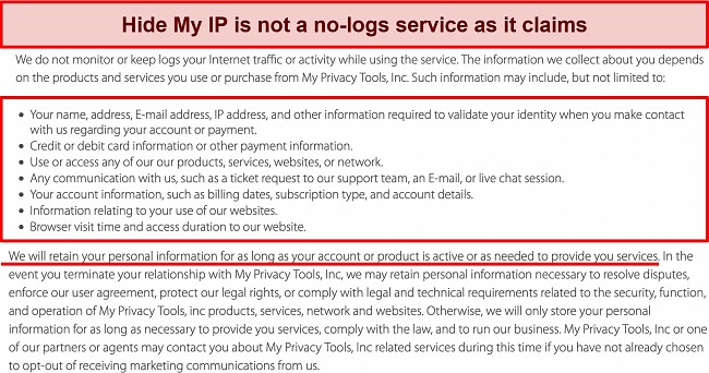 Screenshot of Hide My IP’s Privacy Policy