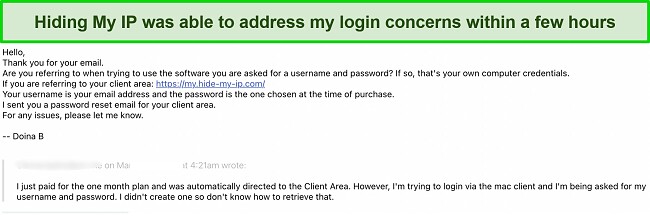 Screenshot of my email interaction with Hide My IP's support team