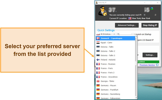 Screenshot of the server selection screen for Hide My IP