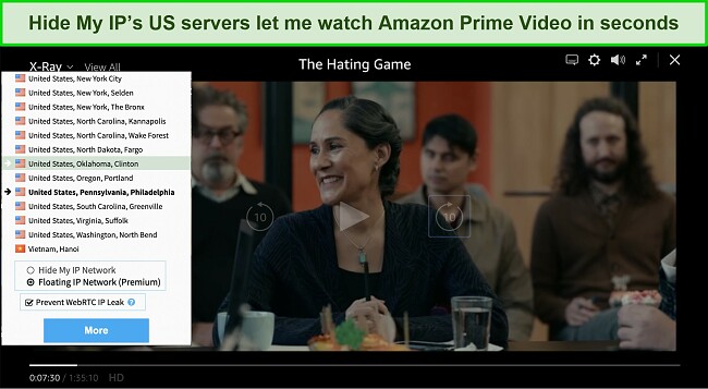 Screenshot of The Hating Game playing on Amazon Prime Video while Hide My IP VPN is connected to a server in the US