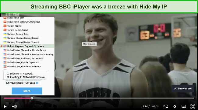 Screenshot showing my BBC iPlayer stream while Hide My IP VPN is connected to a server in the US