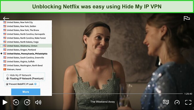  Screenshot of The Weekend Away playing on Netflix while Hide My IP VPN is connected to a server in the US