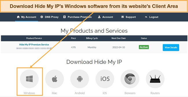 Screenshot of the Hide My IP installation file download page