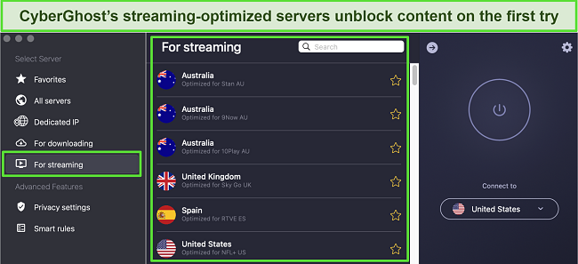 Screenshot of CyberGhost's streaming servers