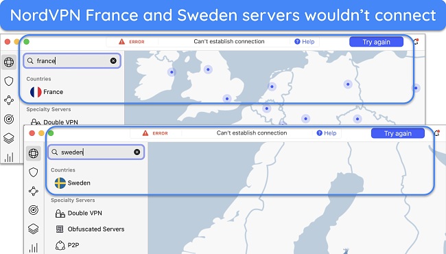 Screenshot of NordVPN's failure to connect error message