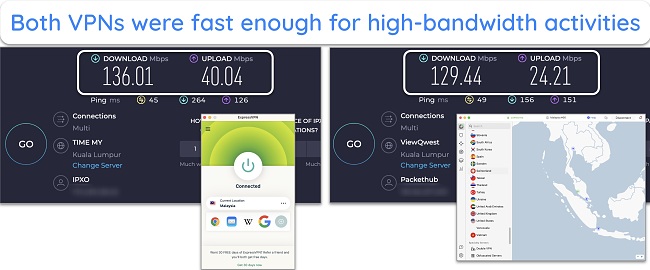 Screenshot of speed test results comparing ExpressVPN and NordVPN