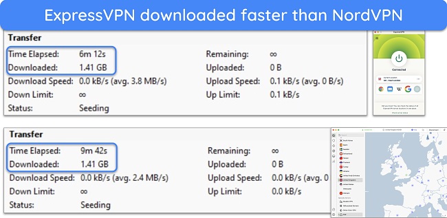 Screenshot of torrent download results between NordVPN and ExpressVPN
