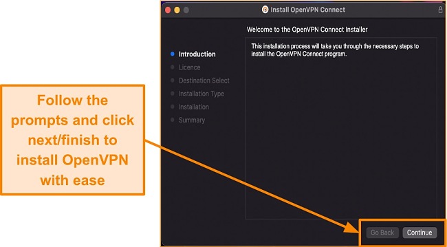 Screenshot illustrating the process of installing the OpenVPN setup file