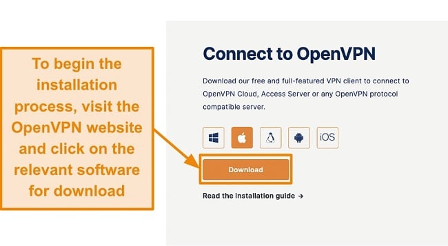 Screenshot of the download page for the OpenVPN client