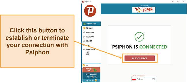 Screenshot of Psiphon's connection interface