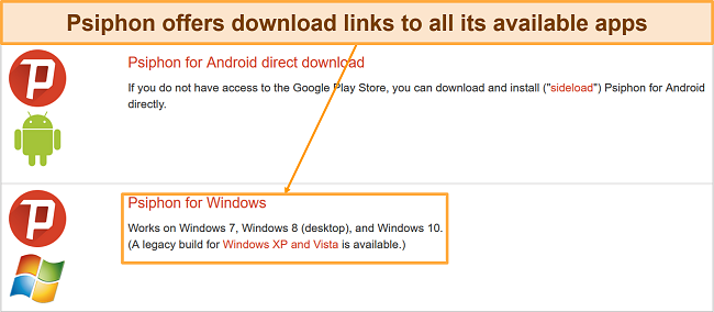 Screenshot showing the Download option on Psiphon's homepage