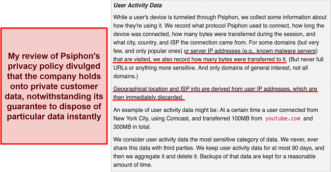 Screenshot of Psiphon's privacy policy