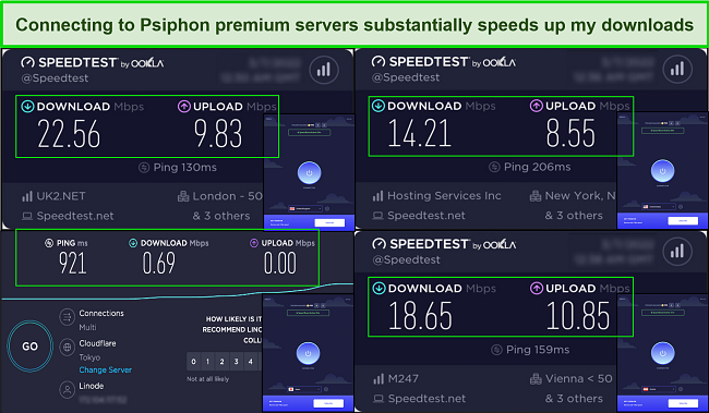 Screenshot of Psiphon Premium speed test results in the US, UK, Japan, and Austria