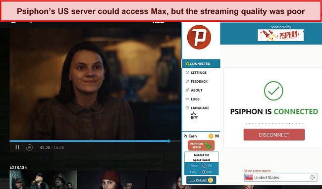 Screenshot of a movie playing on HBO Max while Psiphon is connected to a server in the US