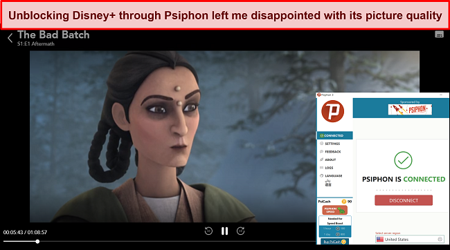 Screenshot of The Bad Bitch playing on Disney+ Max while Psiphon is connected to a server in the US
