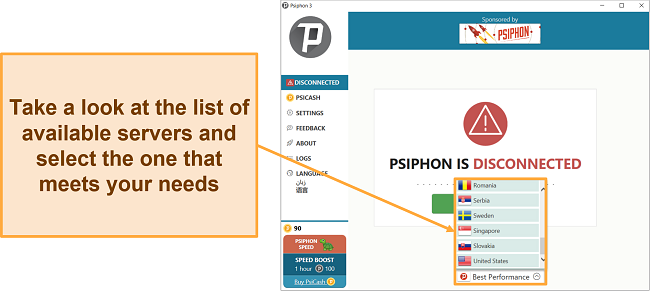 Screenshot of Psiphon's server selection screen