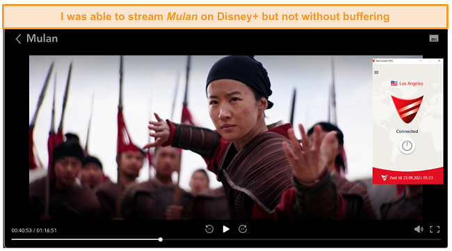 Screenshot of Mulan on Disney+ while connected to Red Shield VPN