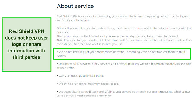 Screenshot of Red Shield VPN's privacy policy