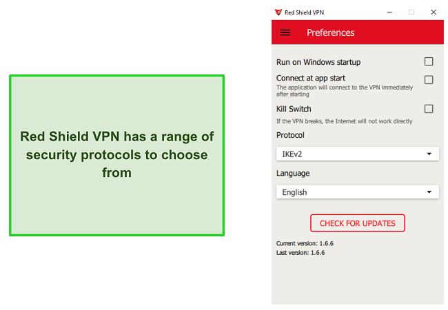 A screenshot of Red Shield VPN's preferences menu