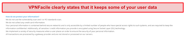 A screenshot of VPNFacile's privacy policy