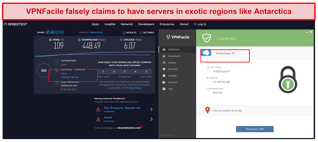 A screenshot showing that VPNFacile's Antarctica server goes through Paris