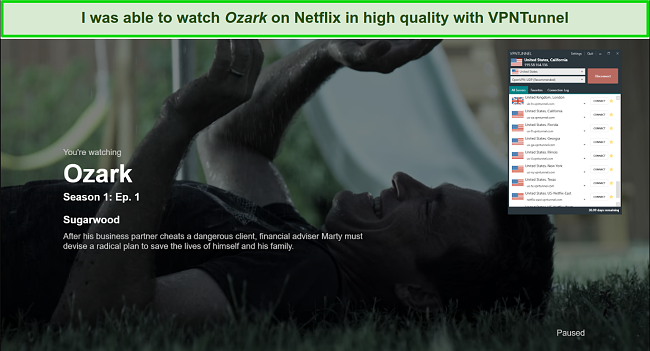 A screenshot of VPNTunnel unblocking Ozark on Netflix