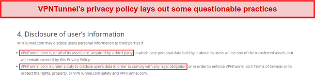 a screenshot of VPNTunnel's privacy policy