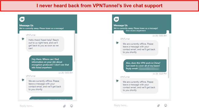 screenshots of VPNTunnel's live support chat