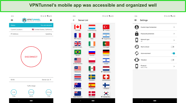 screenshots of VPNTunnel's mobile interface