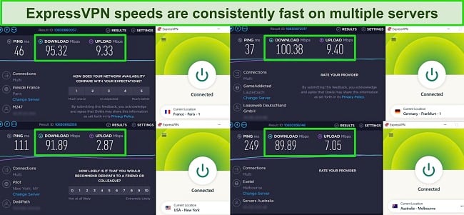 Screenshots of ExpressVPN connected to multiple servers and the results of speed tests run on those servers.