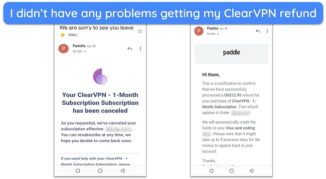 Screenshot of ClearVPN's email notification confirming the approval of a refund request