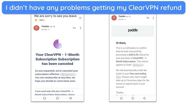 Screenshot of ClearVPN's email notification confirming the approval of a refund request