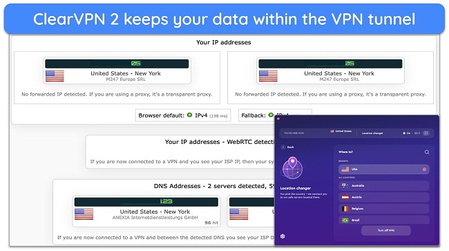 Screenshot of ClearVPN passing IP and DNS leak tests