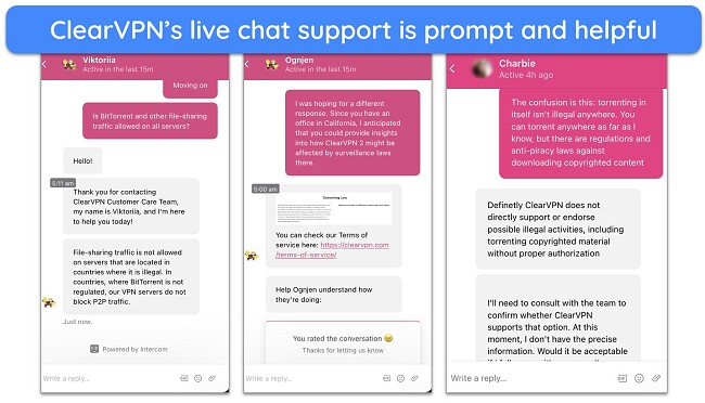 Screenshot of ClearVPN's live chat support agents giving prompt replies to queries