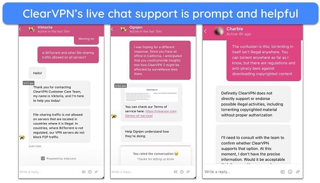 Screenshot of ClearVPN's live chat support agents giving prompt replies to queries