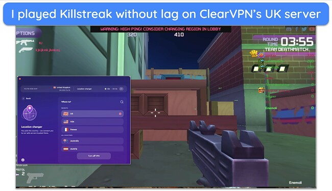 Screenshot of playing Killstreak using ClearVPN's UK server