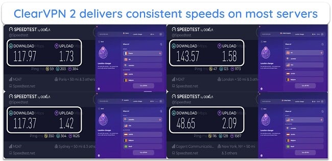 Screenshot of ClearVPN 2's speed test results on servers in the US, UK, France, and Australia