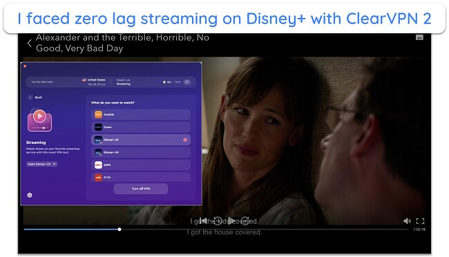 Screenshot of a film playing on Disney+ using ClearVPN 2
