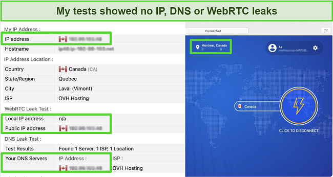 Screenshot of a IP, DNS and WebRTC leak test showing no leaks while connected to a FastestVPN server in Canada
